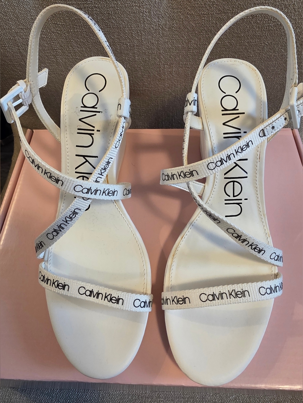 Calvin Klein Logo White Strappy Sandals Size 8